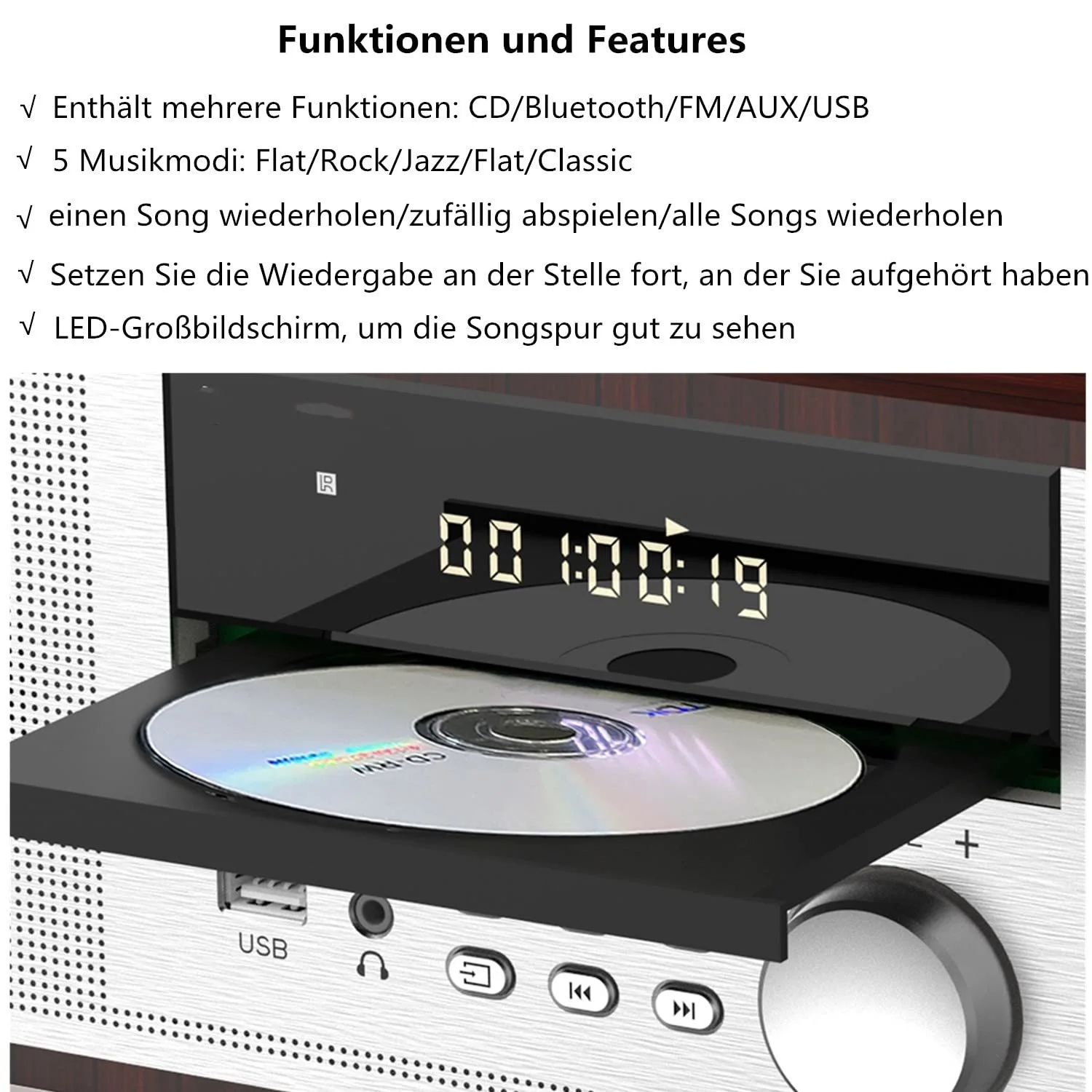 Винтажная микро Hi-Fi система CD стереосистема Mini Component 40 Вт RMS FM/Bluetooth-совместимый/USB/AUX/Дистанционное управление/Разъем для наушников, совместимый с источником звука высокого разрешения, серебристый, дерево, фото №4