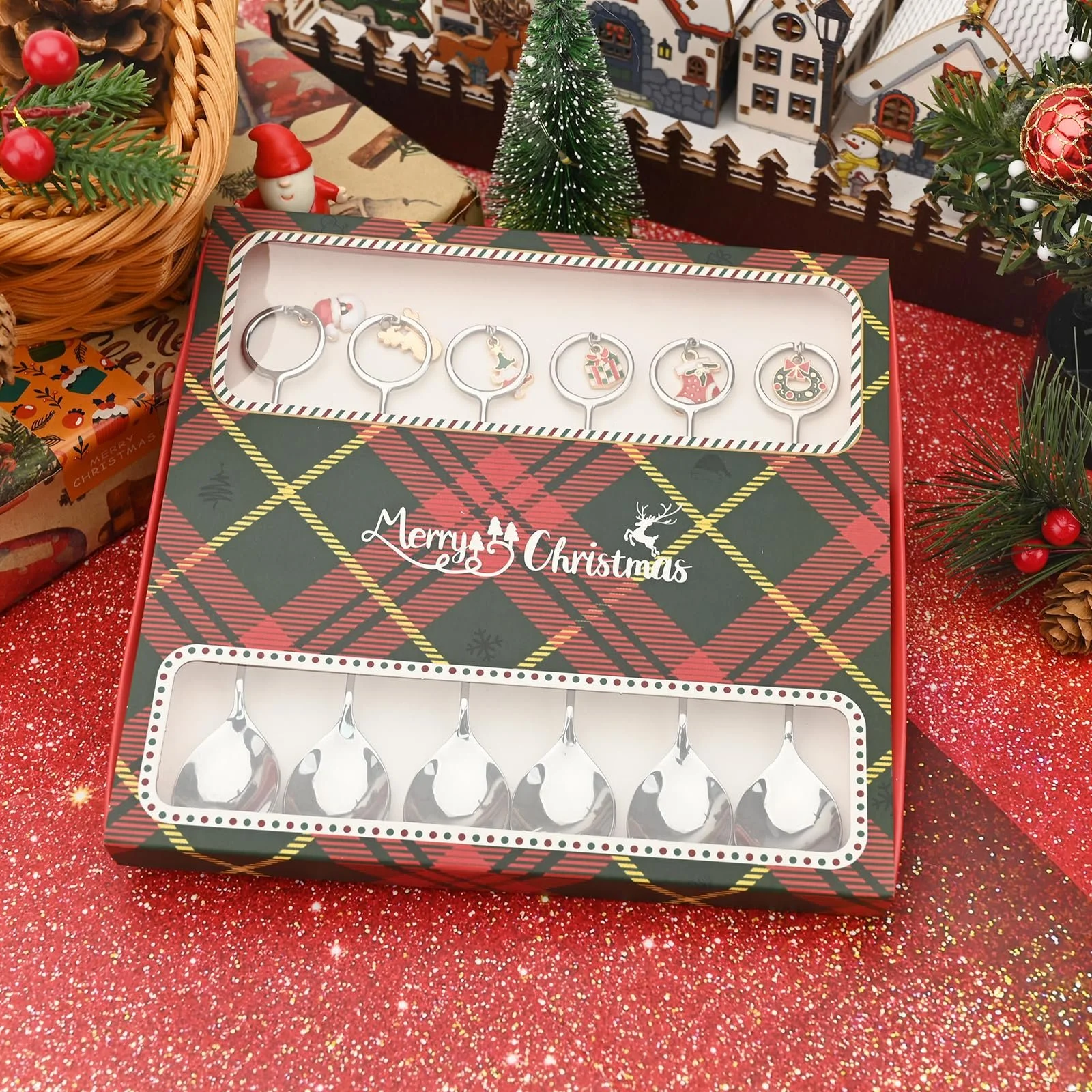 Набір з 6 різдвяних ложок з нержавіючої сталі з підвісками, фото №4