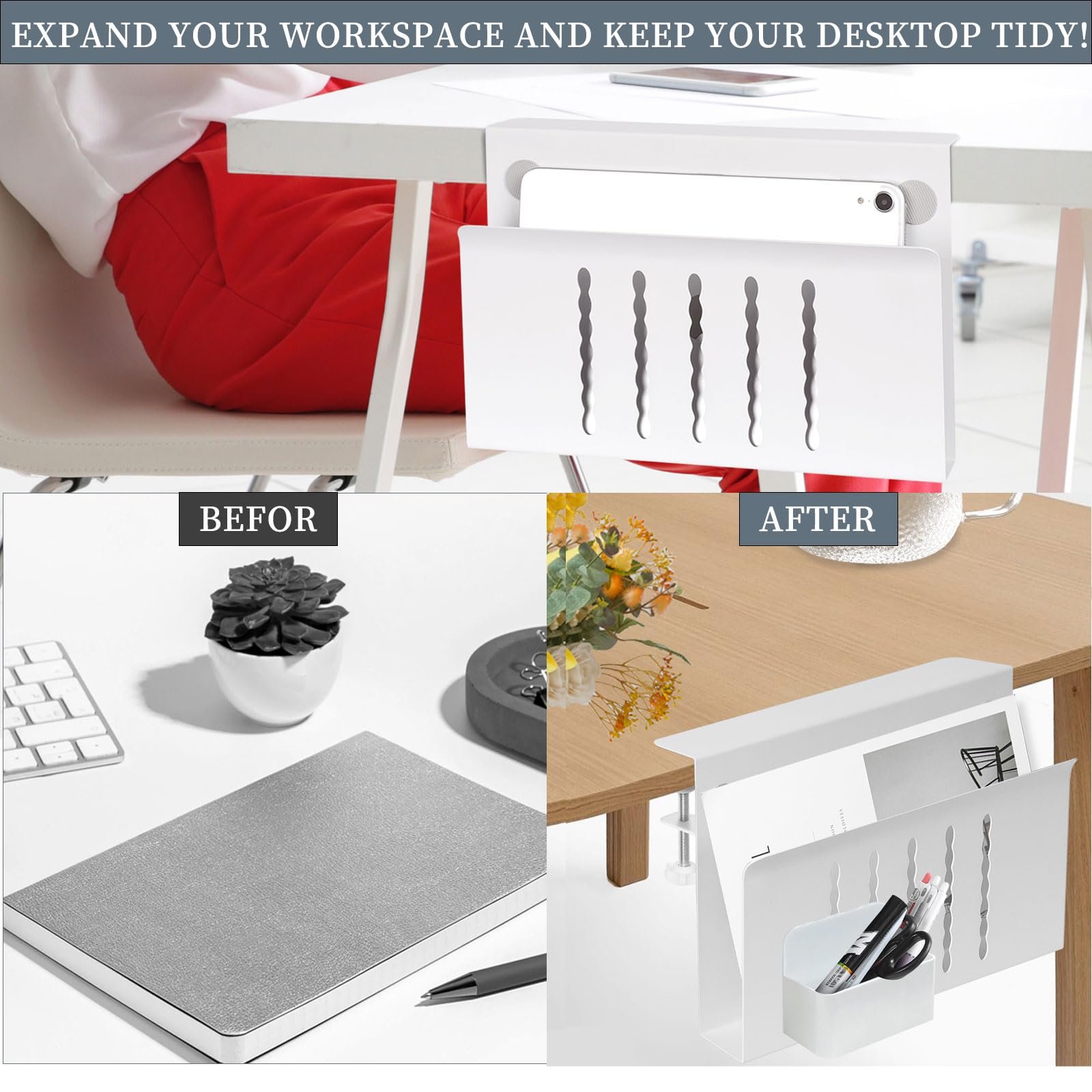 Настольный органайзер для стола Держатель ПК Подвесной стальной органайзер для стола Без сверления Кабельный канал Держатель кабеля с держателем для ручек для офиса дома (одинарный слой белый), фото №8