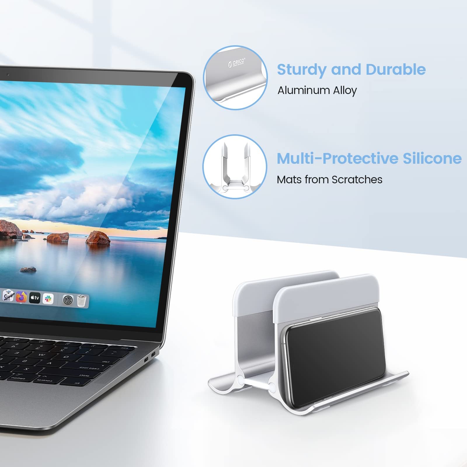 Вертикальная Подставка ORICO, Регулируемый Держатель для Ноутбука, Алюминиевая Подставка для Ноутбука, Экономия Места для MacBook/Surface/Dell/Игровых Ноутбуков Серебристый, фото №3