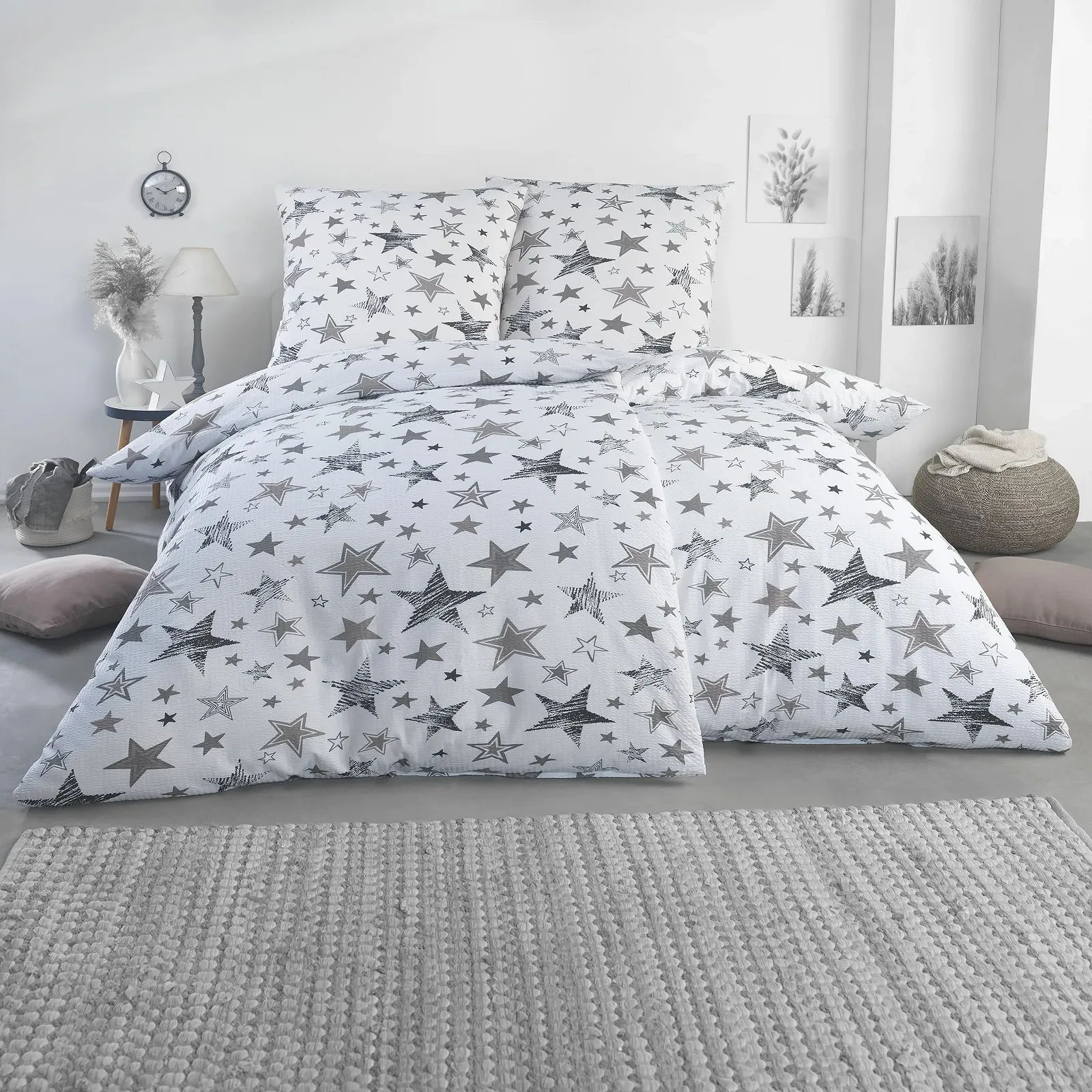 Комплект постільної білизни BaSaTex Luna Stars жатка (Seersucker) 100% бавовна 135 x 200 см Сірий, фото №5