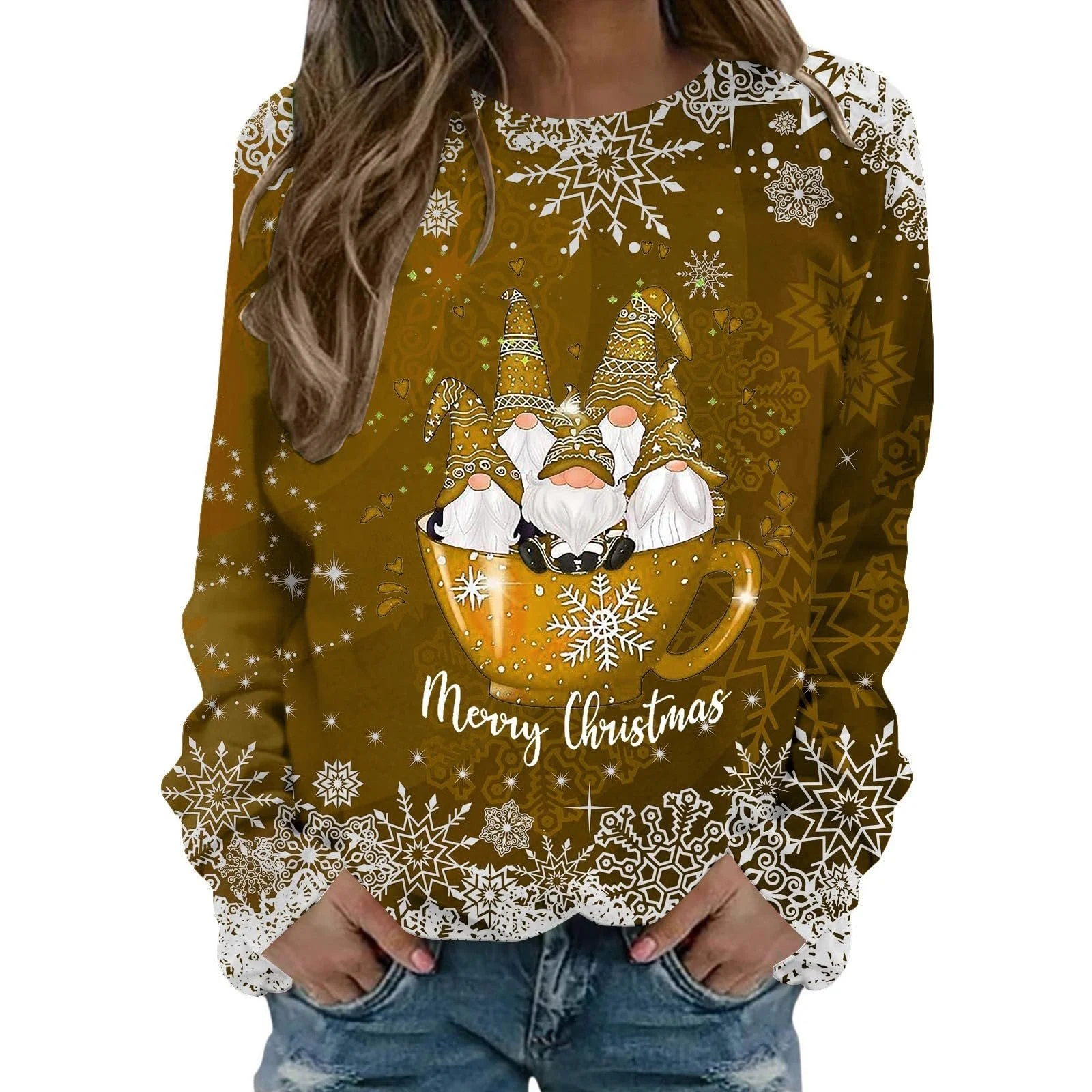 Рождественский джемпер Женский свитер с длинными рукавами и круглым вырезом, смешной рождественский джемпер, многоцветный, с принтом снеговика, большой размер, рождественский женский повседневный, фото №1