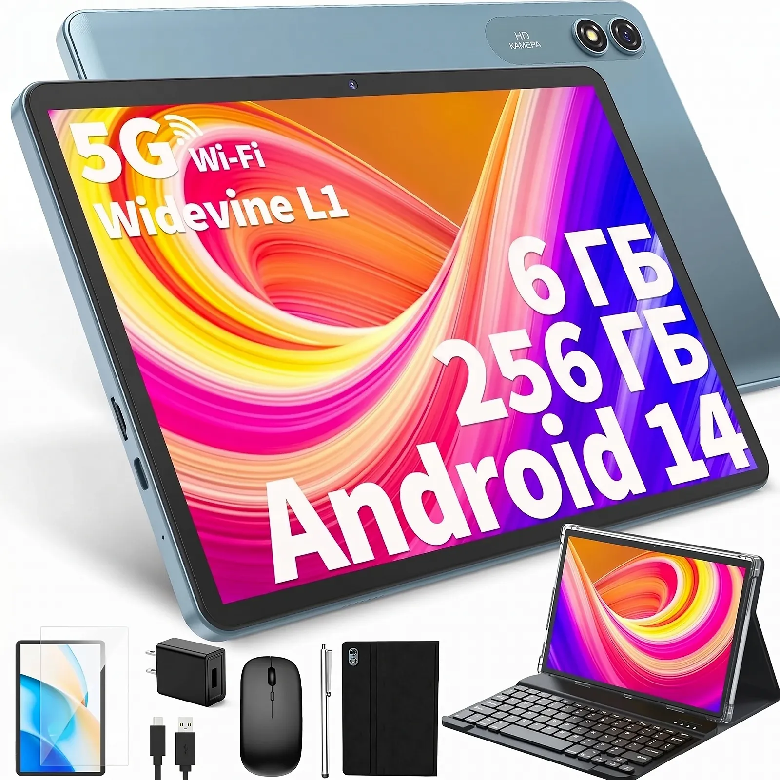 Планшет 10" HISORL T901 6/256 Гб 8 ядер Android 14 8000 мАч Черно-голубой, фото №1