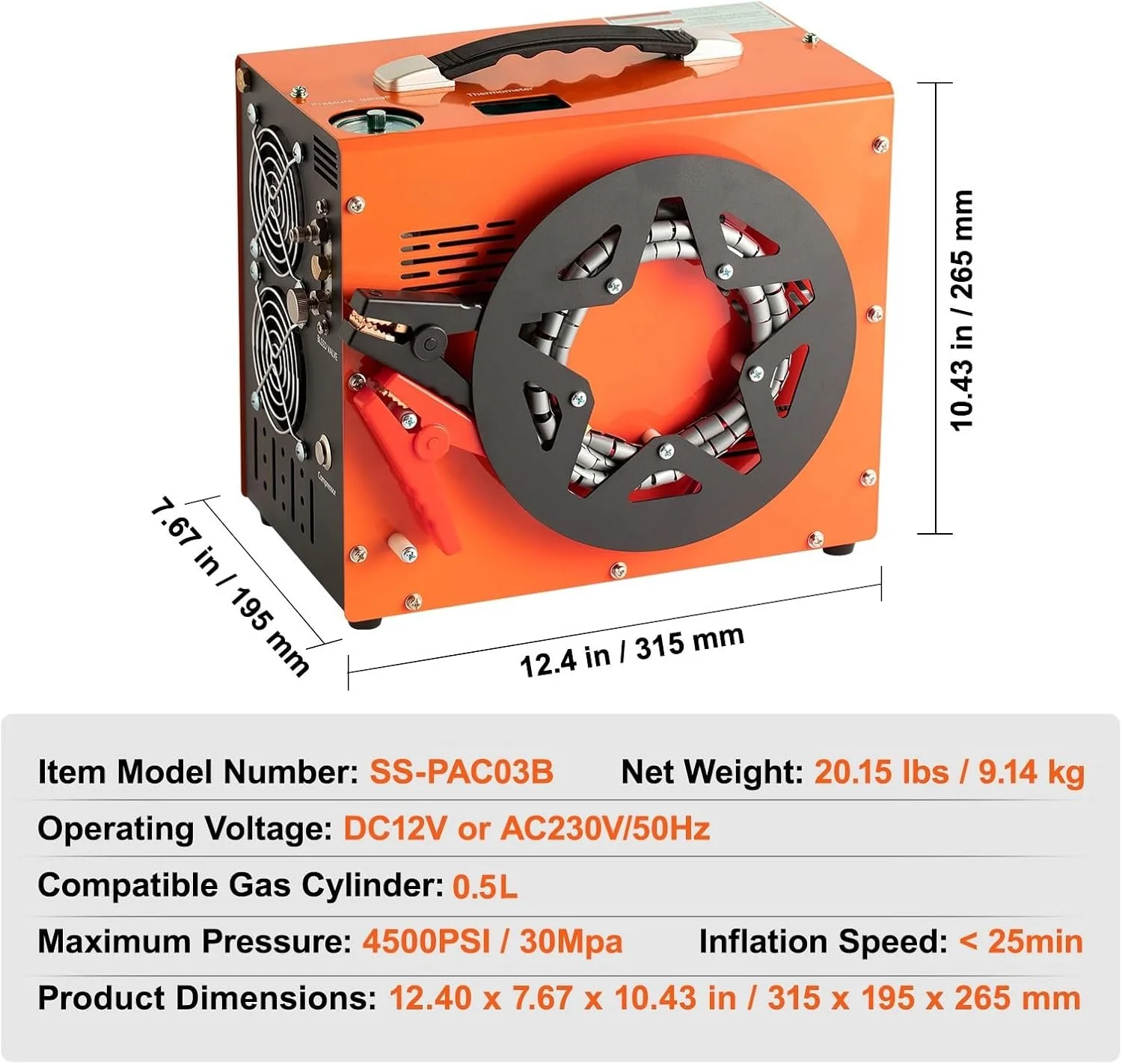 Портативный воздушный компрессор VEVOR 30MPa PCP 12V/AC 230V со встроенным преобразователем для оружия пневматического дайвинга Оранжевый, фото №6