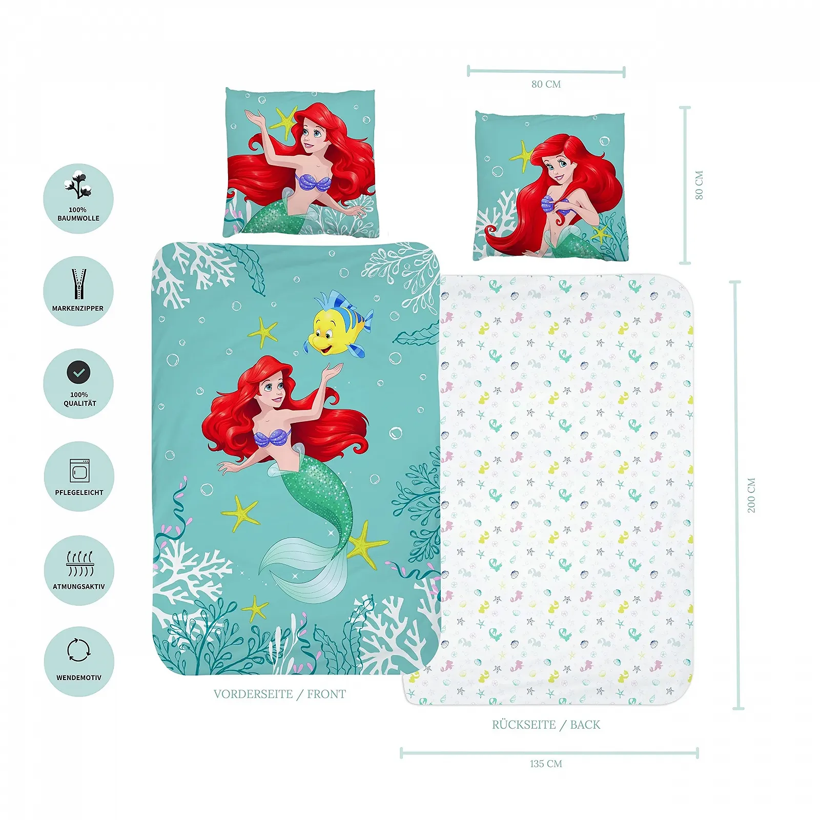 Комплект детского постельного белья MTOnlinehandel Disney Princess Ariel Mermaid 135 x 200 см 80 x 80 см хлопок 2 предмета, фото №2