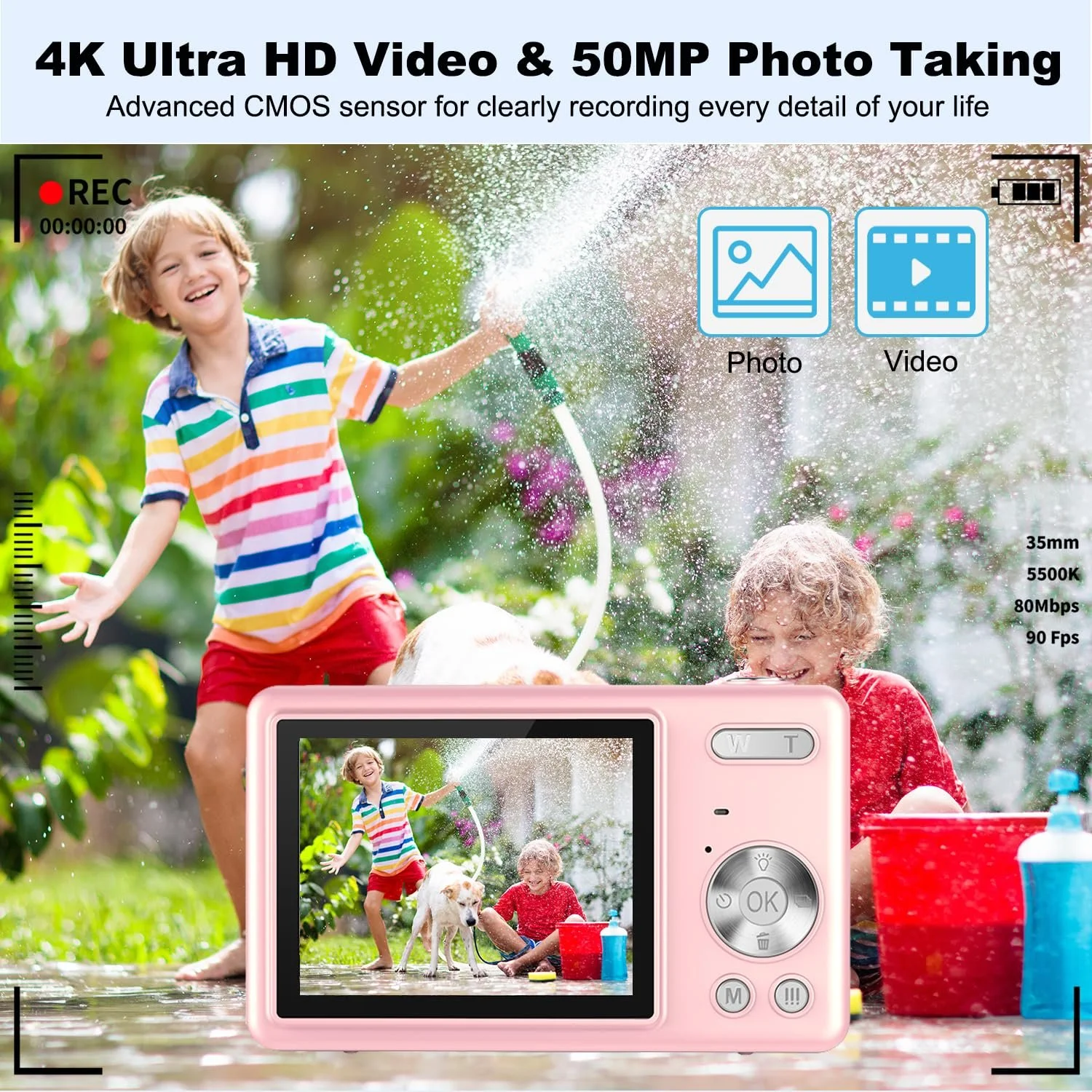 Цифрова фотокамера UHD 4K 50MP 32GB SD 16X Digital Zoom Pink, фото №2