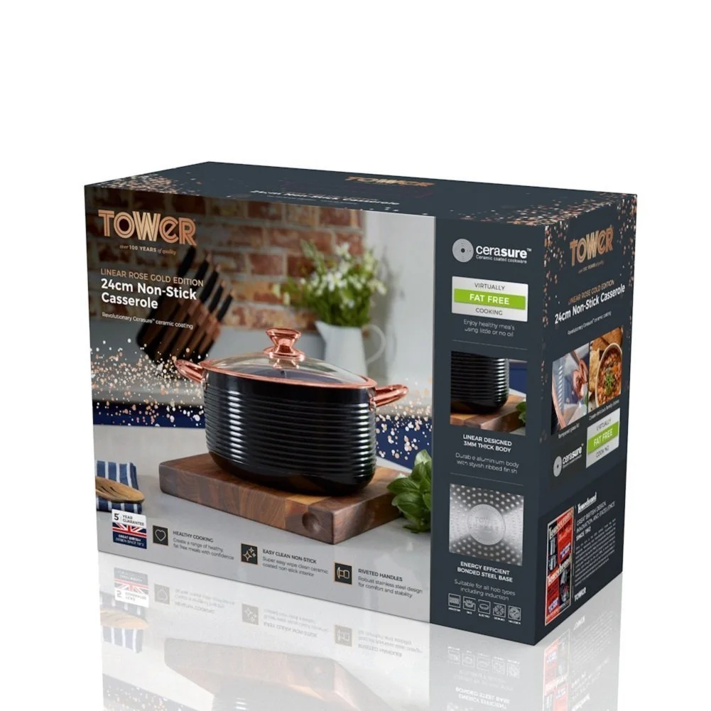 Кастрюля Tower Linear 24 см Алюминиевая с керамическим антипригарным покрытием Черная и розовое золото, фото №3