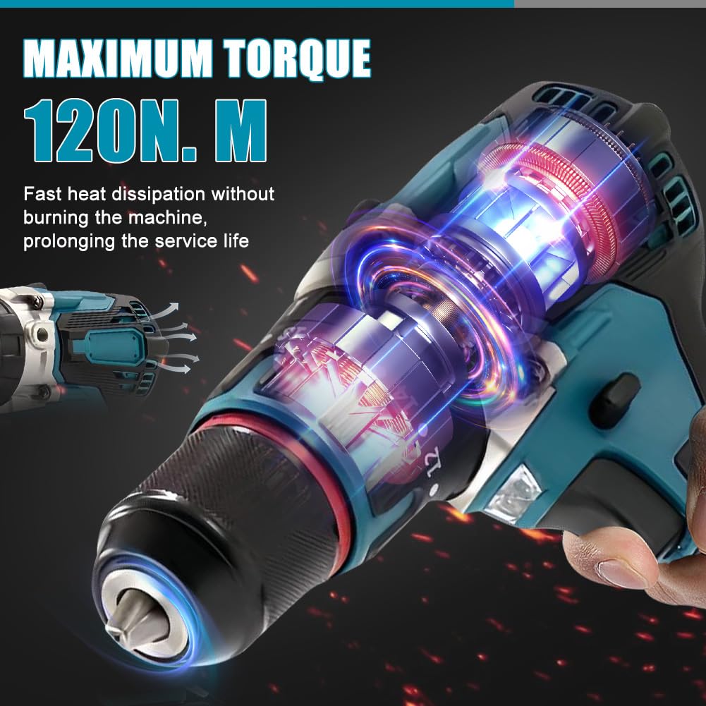 Аккумуляторная Дрель Совместимая с Makita 120 Нм Бесщеточная С Ручкой, Светодиодная подсветка, 2 скорости (Без батареи), фото №3 Аккумуляторная Дрель Совместимая с Makita 120 Нм Бесщеточная С Ручкой, Светодиодная подсветка, 2 скорости (Без батареи), фото №3