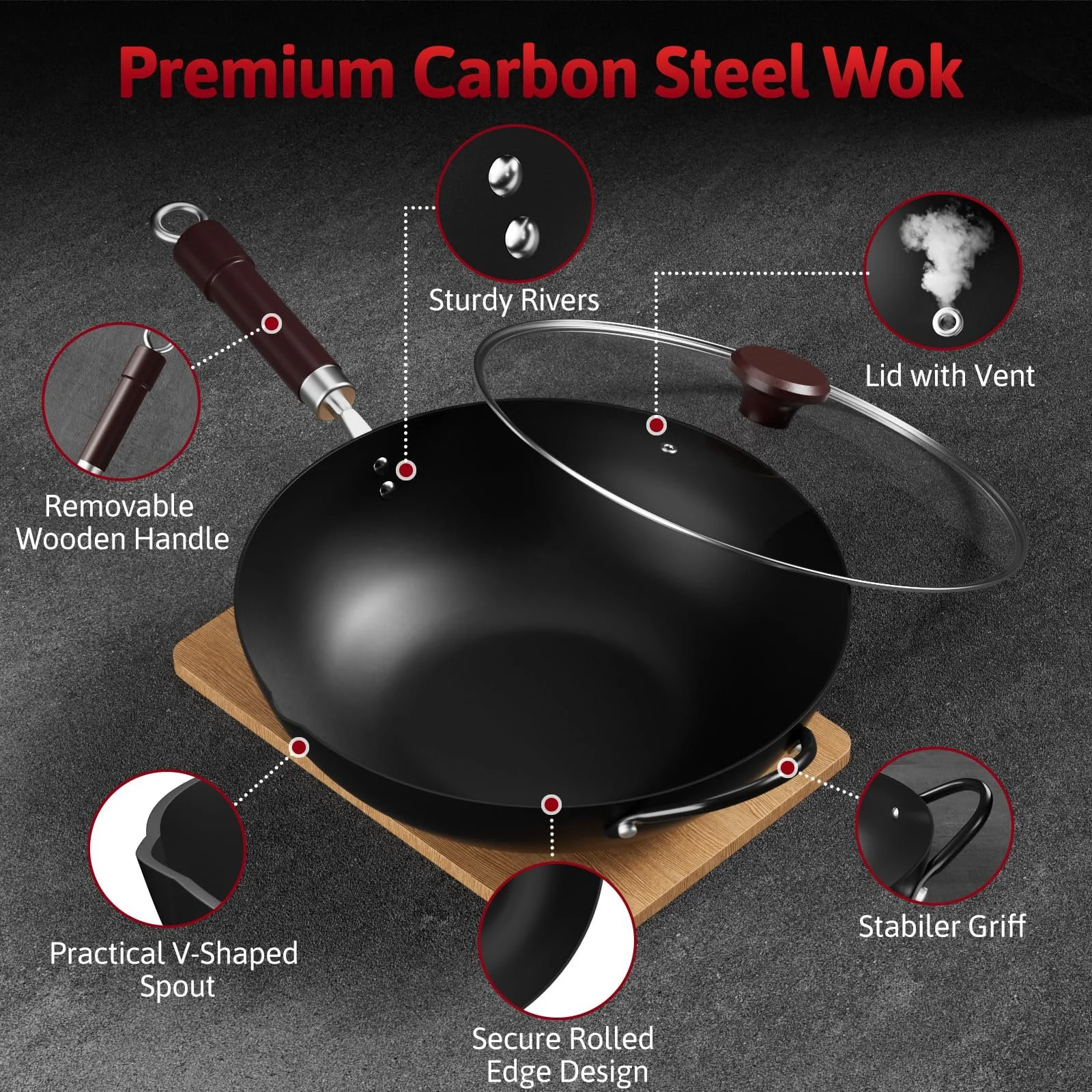 Сковорода-вок Jobin Вуглецева сталь 32 см, фото №6 Сковорода-вок Jobin Вуглецева сталь 32 см, фото №6