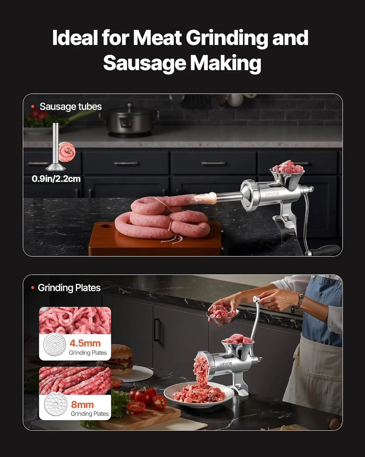 М’ясорубка ручна VEVOR N12 / Нержавіюча сталь 304 / Настільне кріплення / 2 диски для фаршу / Насадки для ковбас і печива / Серебриста, фото №5