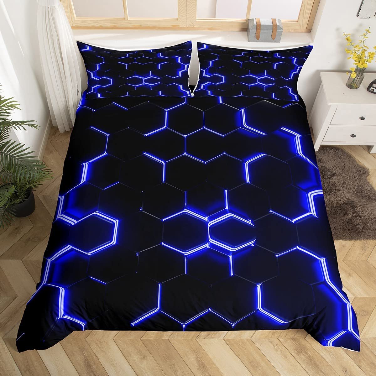 Комплект Постельного Белья Соты Loussiesd 135 x 200 см, Синий, Черный, Шестиугольный, Пододеяльник, Современный, Геометрический, Пчелиные Соты, Упрощенная Геометрия, На Молнии, фото №2
