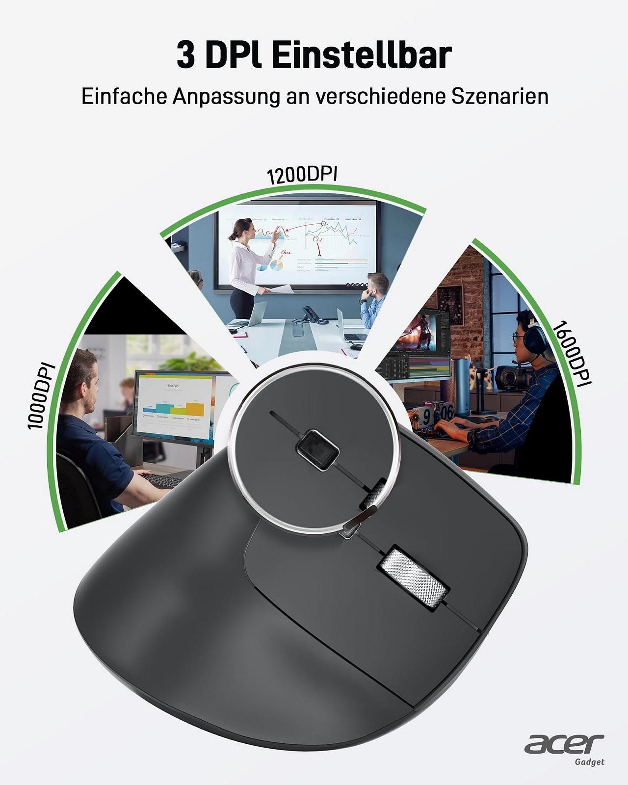 Миша Acer Бездротова, Перезаряджувана 2.4 GHz Вертикальна з 3 DPI, 6 Кнопками, фото №3