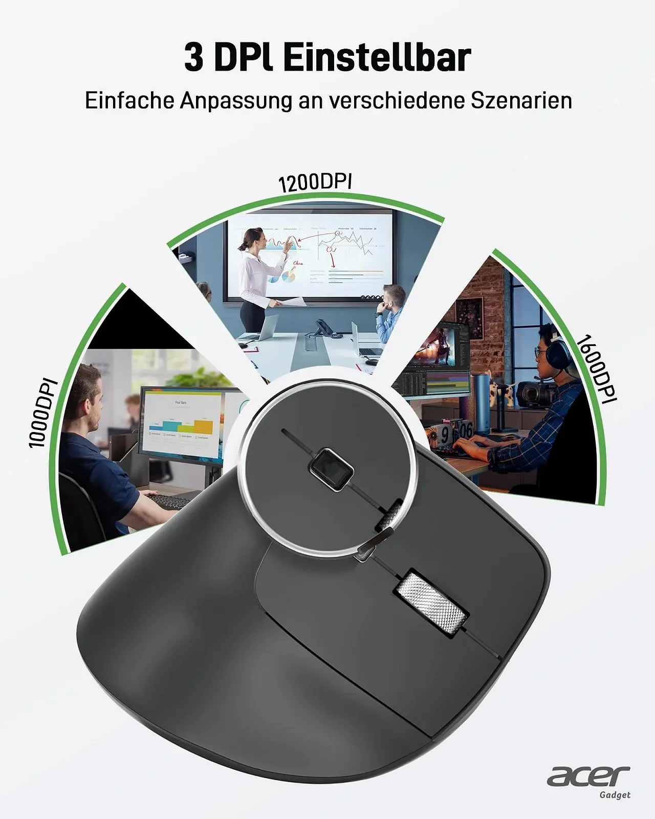 Мышь Acer Беспроводная, Перезаряжаемая 2.4 GHz Вертикальная с 3 DPI, 6 Кнопками, фото №3