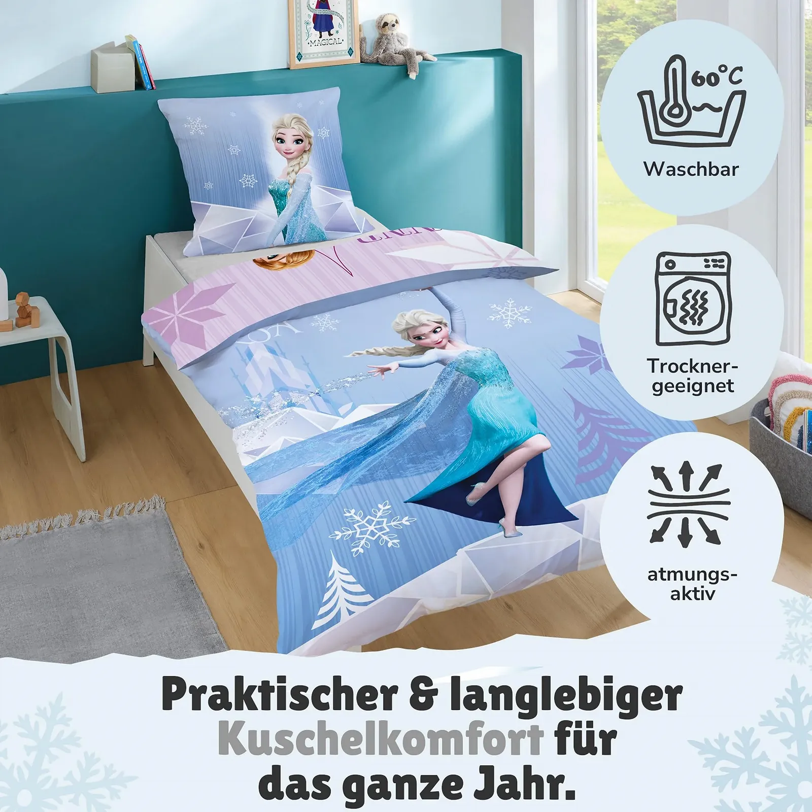 Постельное белье Детское Disney Frozen 135 x 200 см, 80 x 80 см, Зима, Анна и Эльза, 100% Хлопок, Фланель, Молния, фото №6