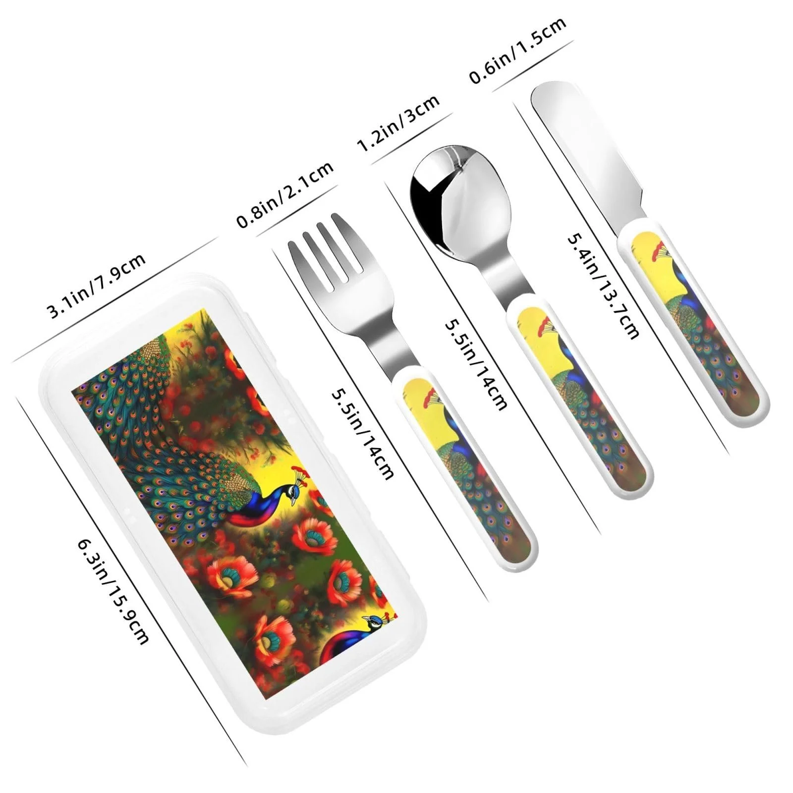 Набір дитячих столових приборів з принтом Квіти павича, 3 предмети, багаторазовий, фото №3 Набір дитячих столових приборів з принтом Квіти павича, 3 предмети, багаторазовий, фото №3