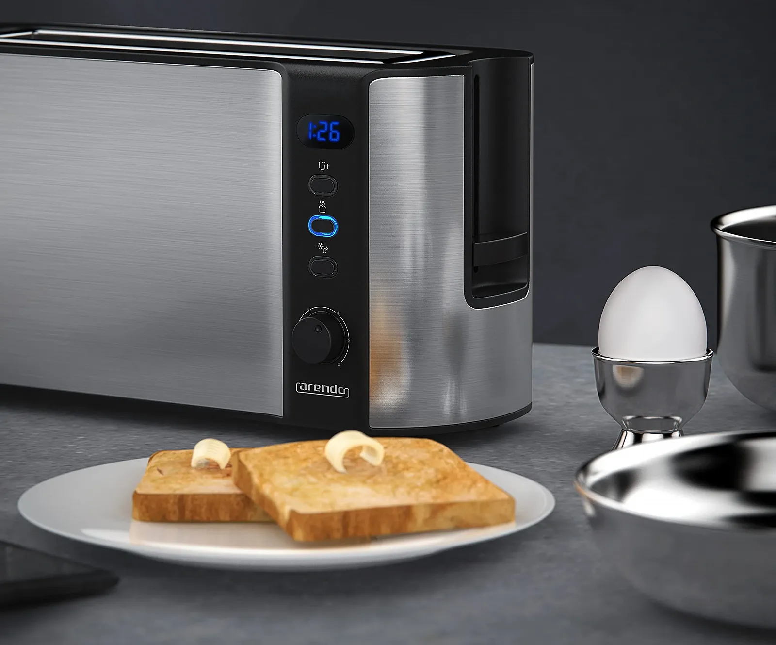 Тостер Arendo Frukost з довгим слотом, функцією розморожування, термоізольованим корпусом з подвійними стінками, автоматичним центруванням хліба, насадкою для булочок, висувним піддоном для крихт, сертифікований GS., фото №7