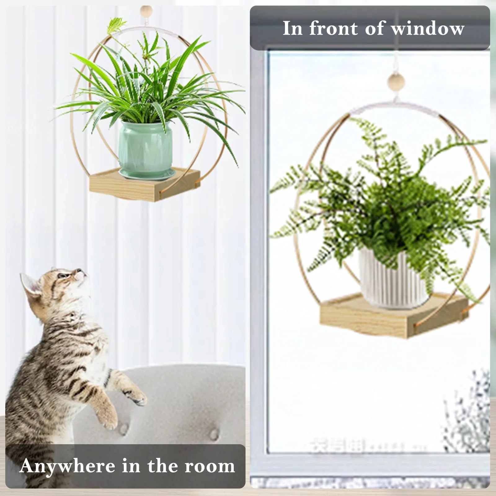 Подвесной вазон Металлическое кольцо с деревянным основанием 30 x 30 см Золотой, фото №6