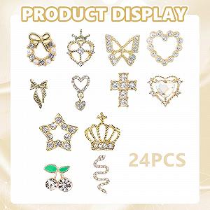 Украшения для ногтей Y2K из сплава, набор 24 шт., серия Rhinestone, сердце, бабочка, крест, змея, золотой цвет synthetic.ua - Фото 1