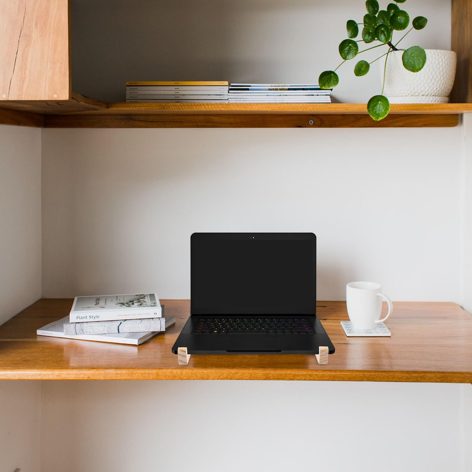 Подставка для ноутбука Деревянная OUNONA Регулируемая по высоте Эргономичная для стола Офиса Домашнего офиса Улучшает осанку Снимает напряжение с шеи и плеч Подходит для ноутбуков, фото №3