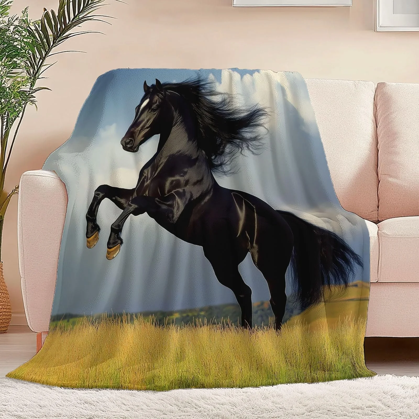 Покривало М'яка для дивану 200 x 200 см, Тепла з малюнком Поля Луки Коні, Чорно-жовта, фото №4