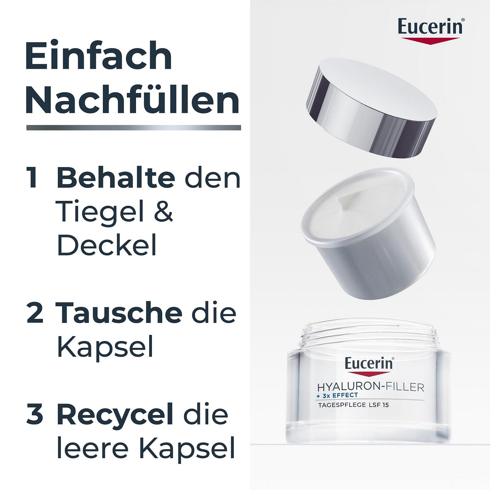 Денний крем Eucerin Hyaluronic Filler + 3x Effect SPF 15 для сухої шкіри змінний блок 50 мл, фото №9 Денний крем Eucerin Hyaluronic Filler + 3x Effect SPF 15 для сухої шкіри змінний блок 50 мл, фото №9
