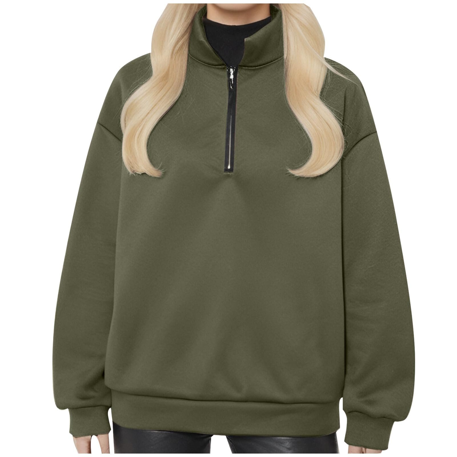 Женский свитшот на молнии, с длинными рукавами, свободного кроя, однотонный, полумолния, воротник, флисовая подкладка, с широкими плечами, модный, опрятный, фото №1