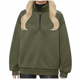 Женский свитшот на молнии, с длинными рукавами, свободного кроя, однотонный, полумолния, воротник, флисовая подкладка, с широкими плечами, модный, опрятный - Фото 1
