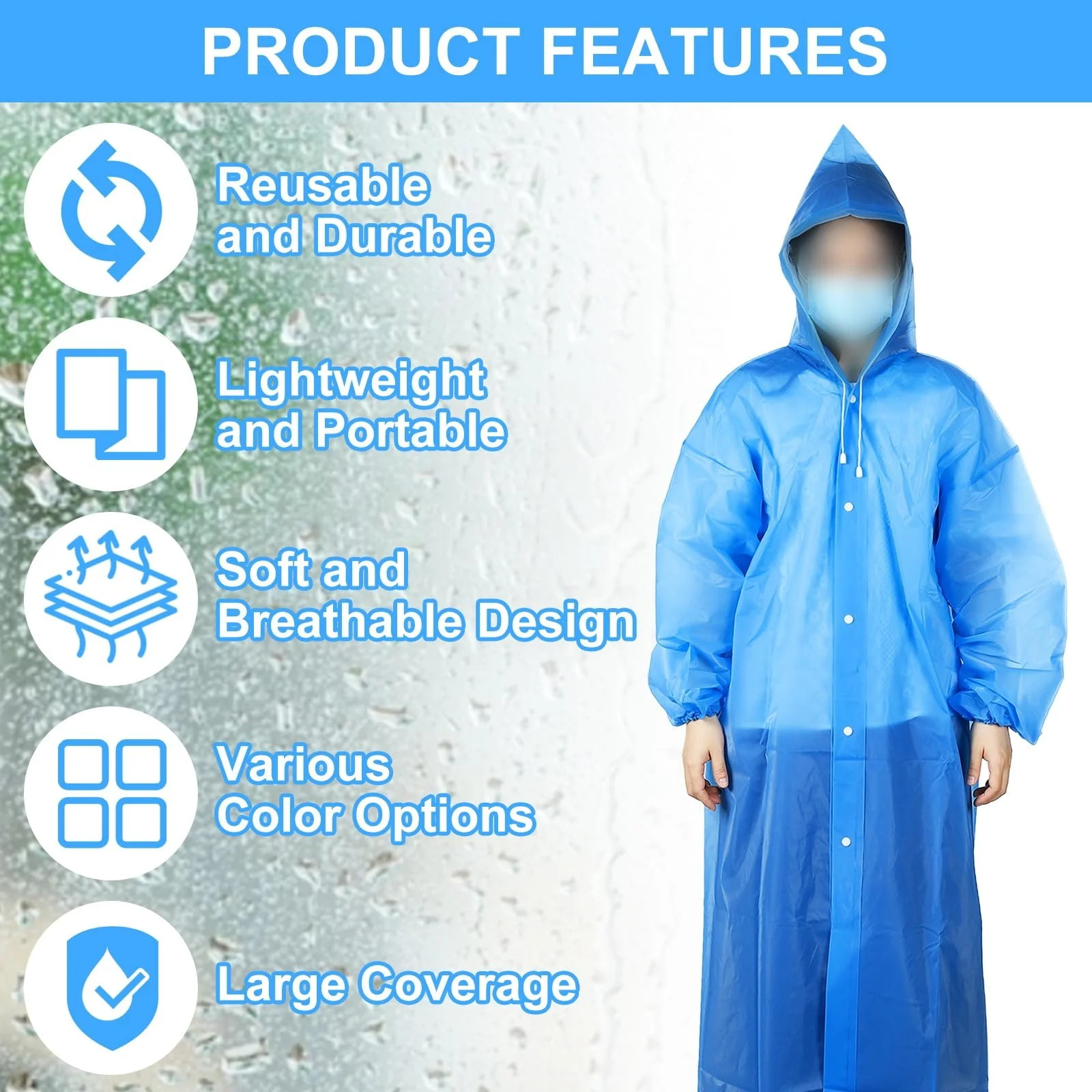 Пончо дощове PATIKIL, 5 шт, легке, багаторазове, EVA, для дорослих, для велоспорту, піших прогулянок, активного відпочинку, фіолетове, фото №4