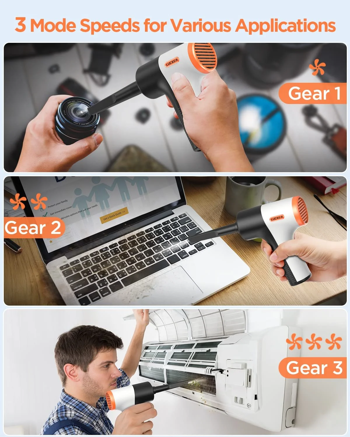 Электрическая воздуходувка Luccea с 5 насадками 3 режима скорости USB-C, фото №3 Электрическая воздуходувка Luccea с 5 насадками 3 режима скорости USB-C, фото №3