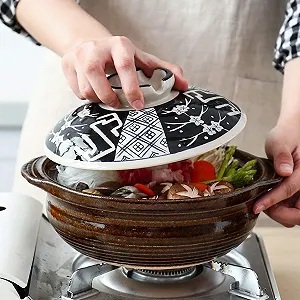 Керамическая кастрюля японская из жаропрочной глины с крышкой для риса и супов с принтом - Фото 1