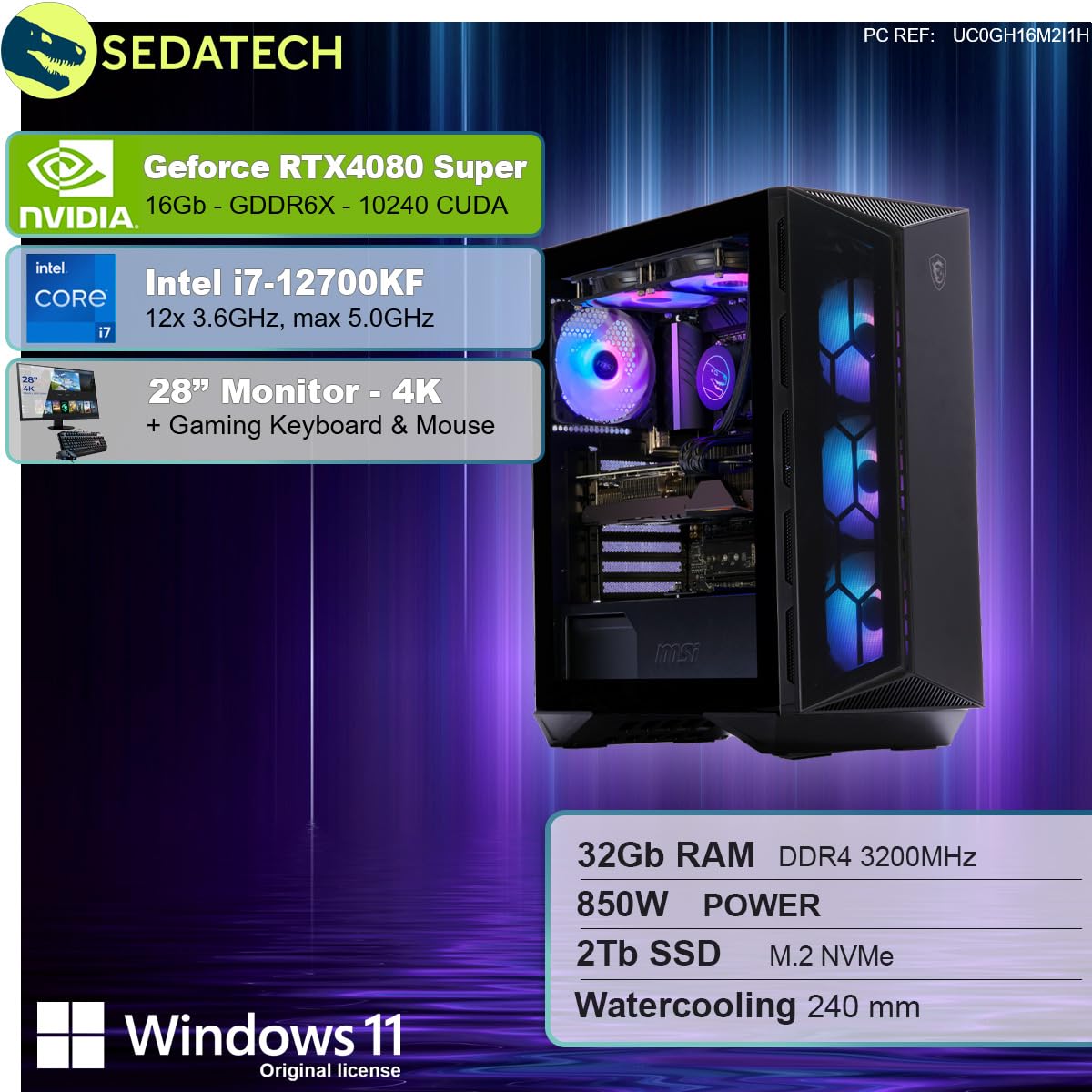 Системный блок Sedatech Advanced Gaming PC Intel i7-12700KF RTX4080 Super 32GB RAM 2TB SSD M.2 Win 11 с монитором 28 дюймов, фото №2