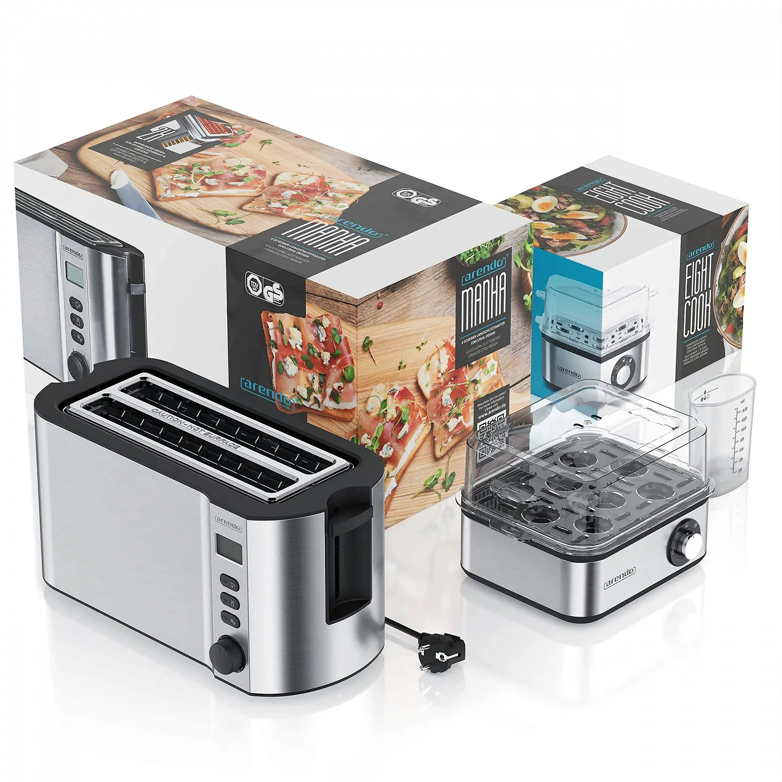 Тостер Arendo Manha з яйцеваркою, EIGHTCOOK Нержавіюча сталь Сріблястий, 4 скибочки, LED-дисплей, 6 рівнів підсмажування, фото №7