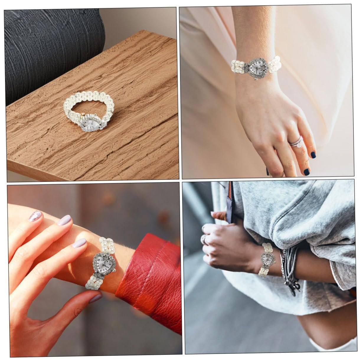 Наручные часы WRITWAA 2 шт. Женские часы в форме сердца Маленькие аналоговые кварцевые часы Двойные жемчужные браслеты Эластичные Модные для вечеринок и особых случаев, фото №5