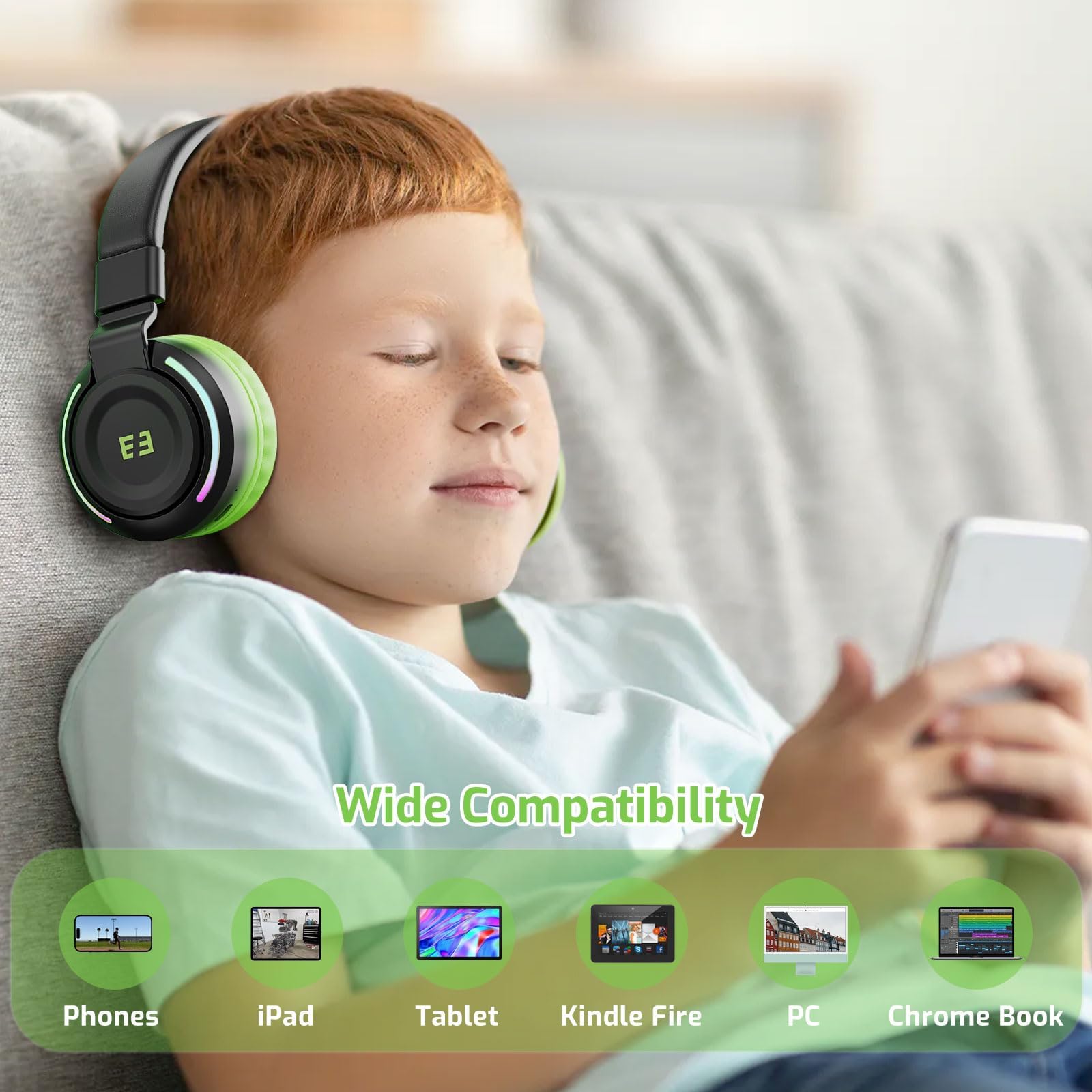Наушники seenda Bluetooth Children's 85/94 dB Чёрно-зелёные, фото №5