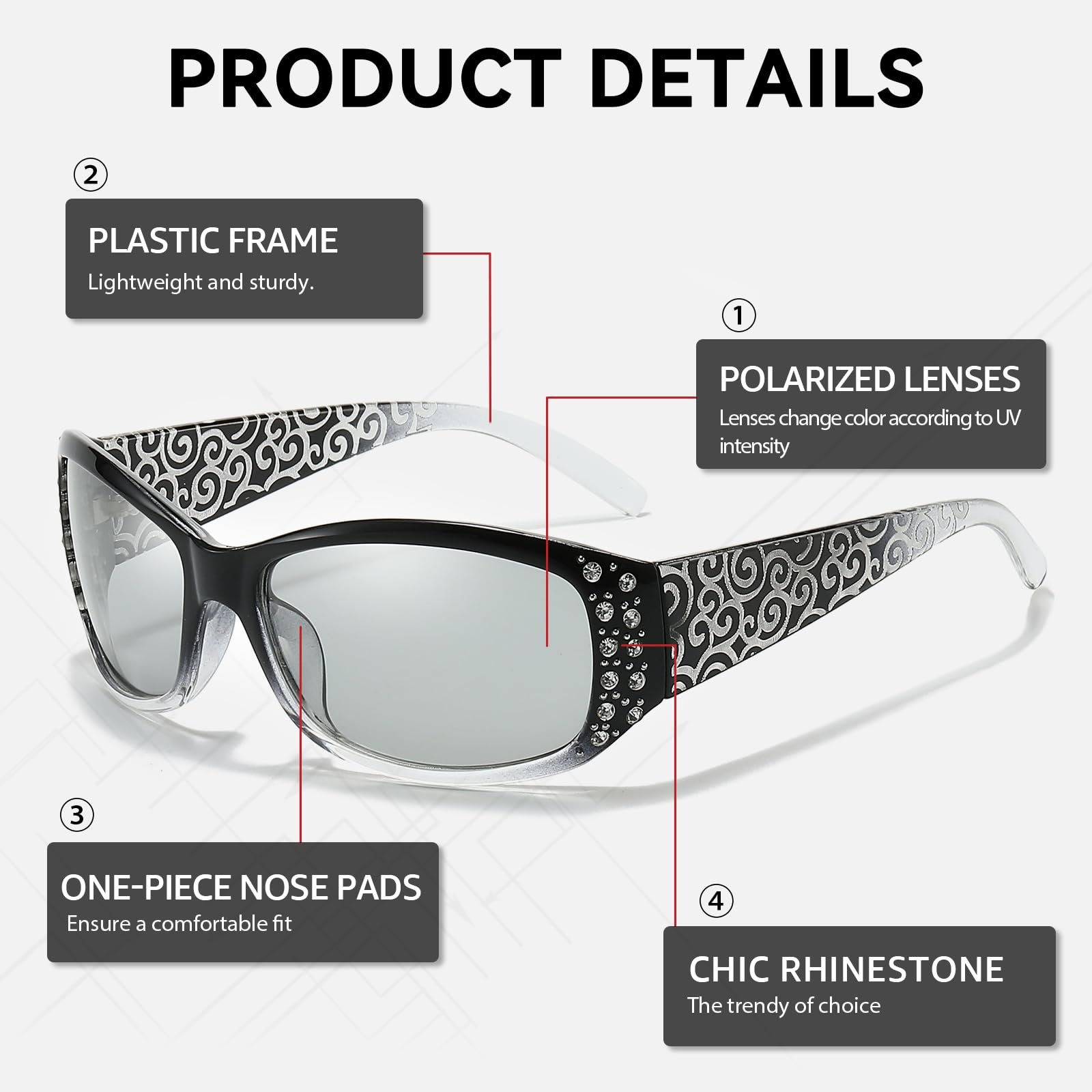 Фотохромні поляризовані сонцезахисні окуляри з облямовуючою оправою FIMILU, зі стразами, хвилеподібним візерунком, фото №5