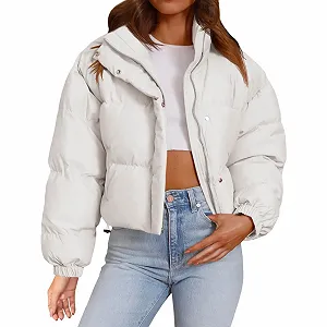 Жіноча зимова куртка Yoisdtxc Укорочена однотонна з коміром-стійкою, довгими рукавами, на блискавці, вільна коротка - Фото 1