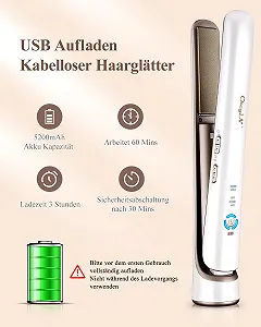 Выпрямитель для волос CkeyiN беспроводной 2-в-1 керамический 5200 mAh USB 3 температуры Белый synthetic.ua - Фото 1