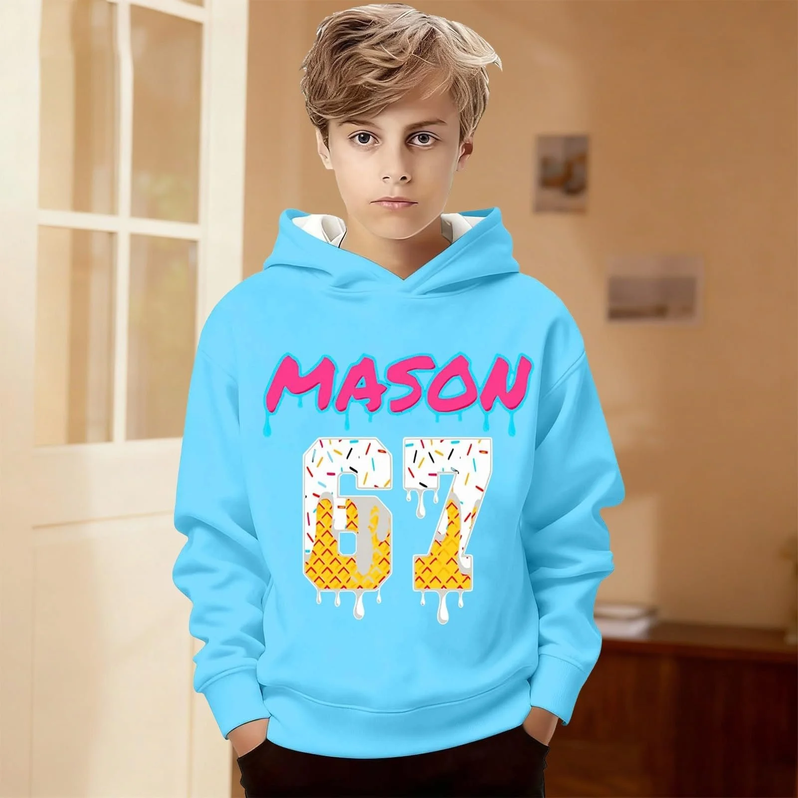 Худи Без бренда Толстовка с капюшоном для мальчиков и девочек, удобная, смешная, унисекс, Y2K, повседневная, с 67 принтами, хип-хоп, с длинными рукавами, уличный стиль, фото №4