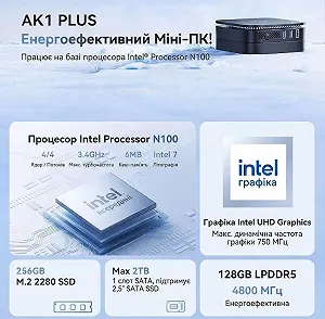 Мини ПК NiPoGi AK1PLUS / Intel Processor N100 / RAM 12GB / SSD 256GB / 2 x HDMI / LAN / Wi-Fi 6 / Bluetooth 5.2 / Windows 11 / Черный synthetic.ua - Фото 1