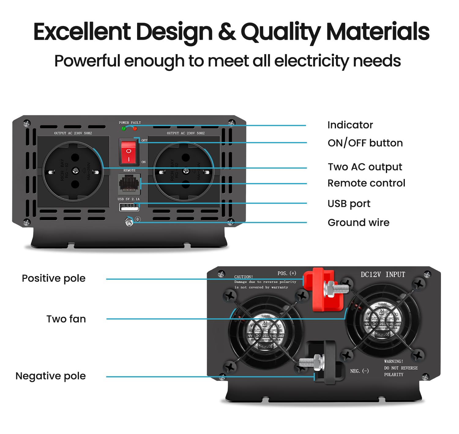 Інвертор Novopal Voltage Converter 1000 Вт з чистою синусоїдальною хвилею 12 В до 230 В з 2 євро розетками та USB портом з дистанційним управлінням на 5 метрів, фото №2