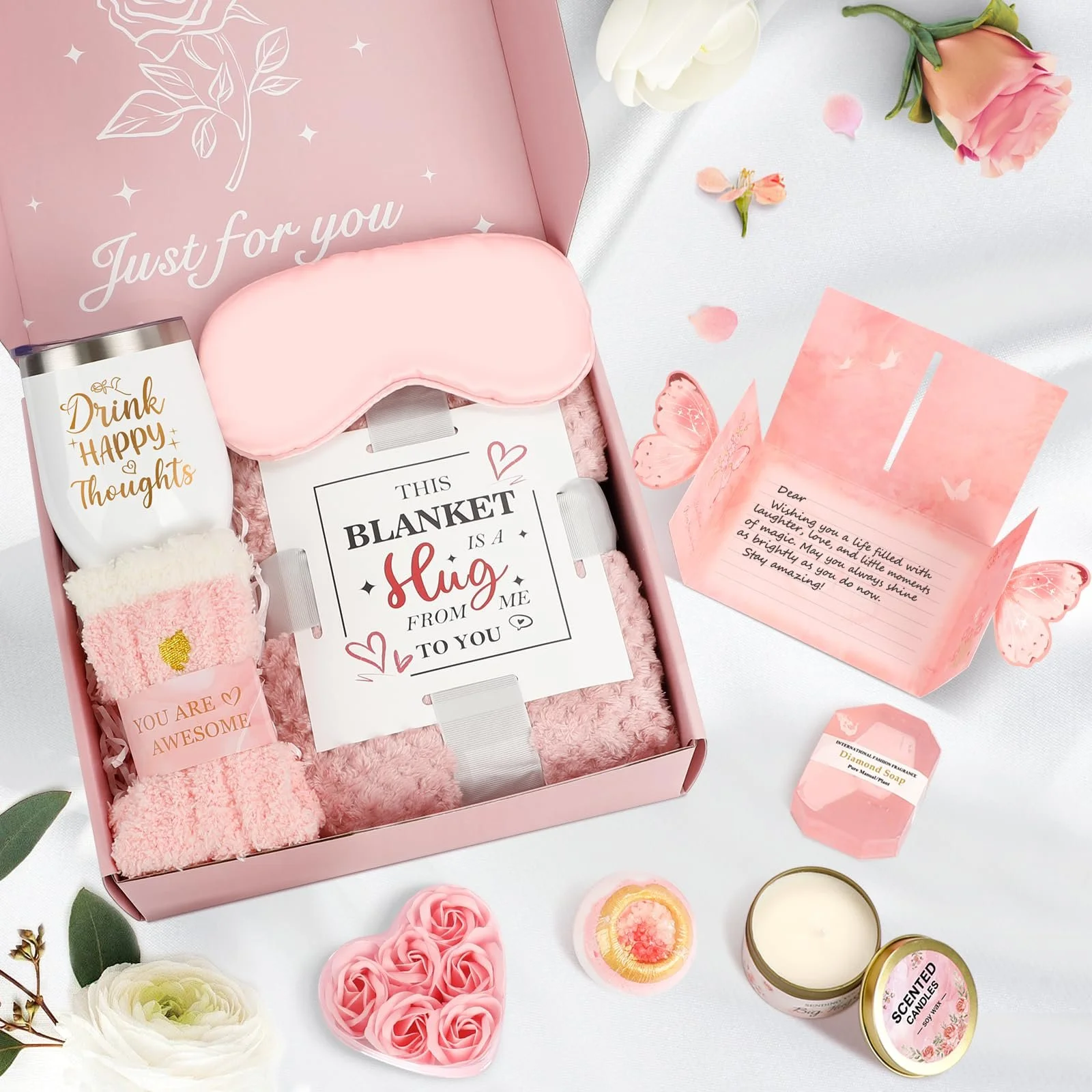 Подарунковий набір Плед Чашка Шкарпетки Маска для сну Ароматична свічка Мило для душу Бомбочка для ванни Вітальна листівка, фото №6