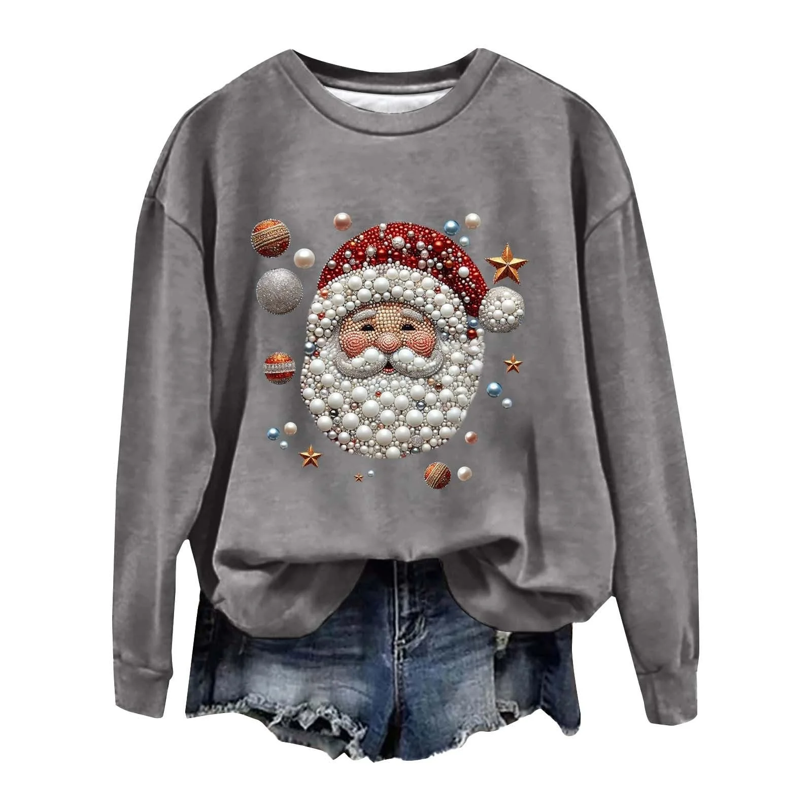 Женская Рождественская Толстовка Рождественский Топ Santa Graphic Свободный Повседневный Круглый вырез Праздничные Рубашки, фото №1