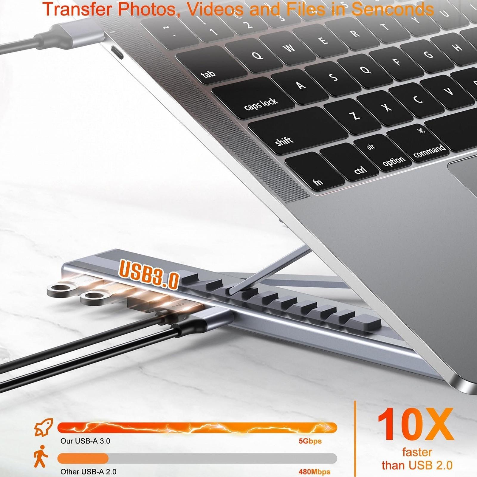 Регулируемая подставка для ноутбука 5 в 1, док-станция с 4 портами USB 3.0 для быстрой передачи данных, 9 уровней регулировки высоты для ноутбуков USB-C, фото №4