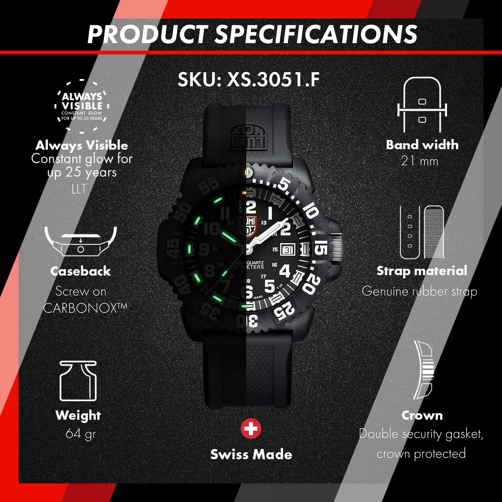 Часы Luminox Original Navy Seal XS.3051.F Мужские 44 мм Дайверские Черные с Отображением Даты 200 м Водонепроницаемые, черные, 44 мм, Спортивные, фото №7 Часы Luminox Original Navy Seal XS.3051.F Мужские 44 мм Дайверские Черные с Отображением Даты 200 м Водонепроницаемые, черные, 44 мм, Спортивные, фото №7