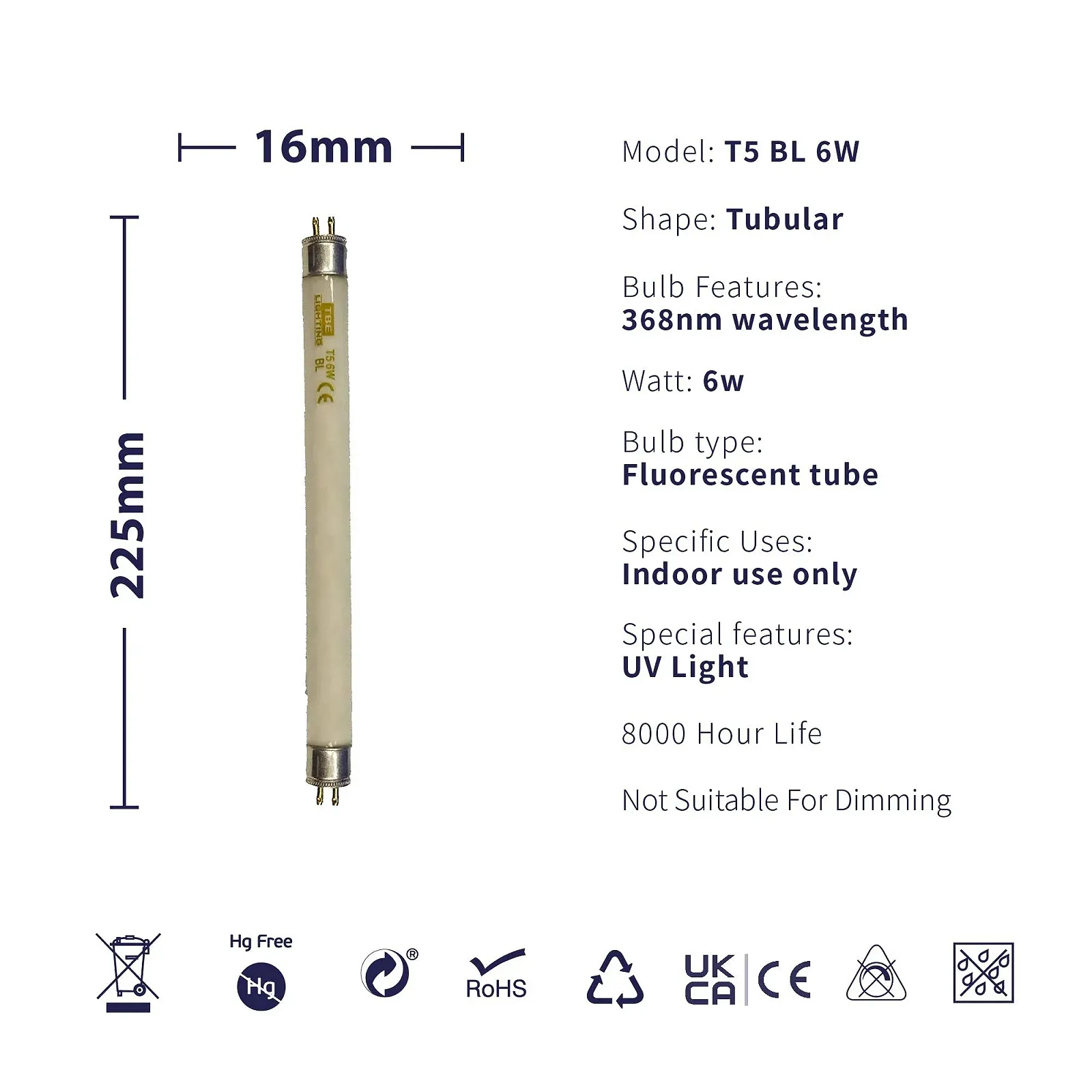 Ультрафиолетовые лампы для уничтожителя насекомых TBE LIGHTING T5 BL 368 нм 6 Вт G5 225 мм 2 шт., фото №2