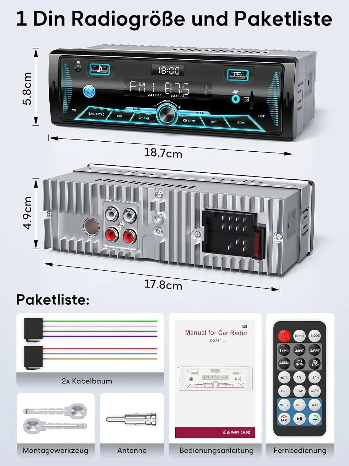 Автомагнитола Chismos R2210 / Bluetooth / FM / USB / AUX / SD slot / 1DIN, фото №7
