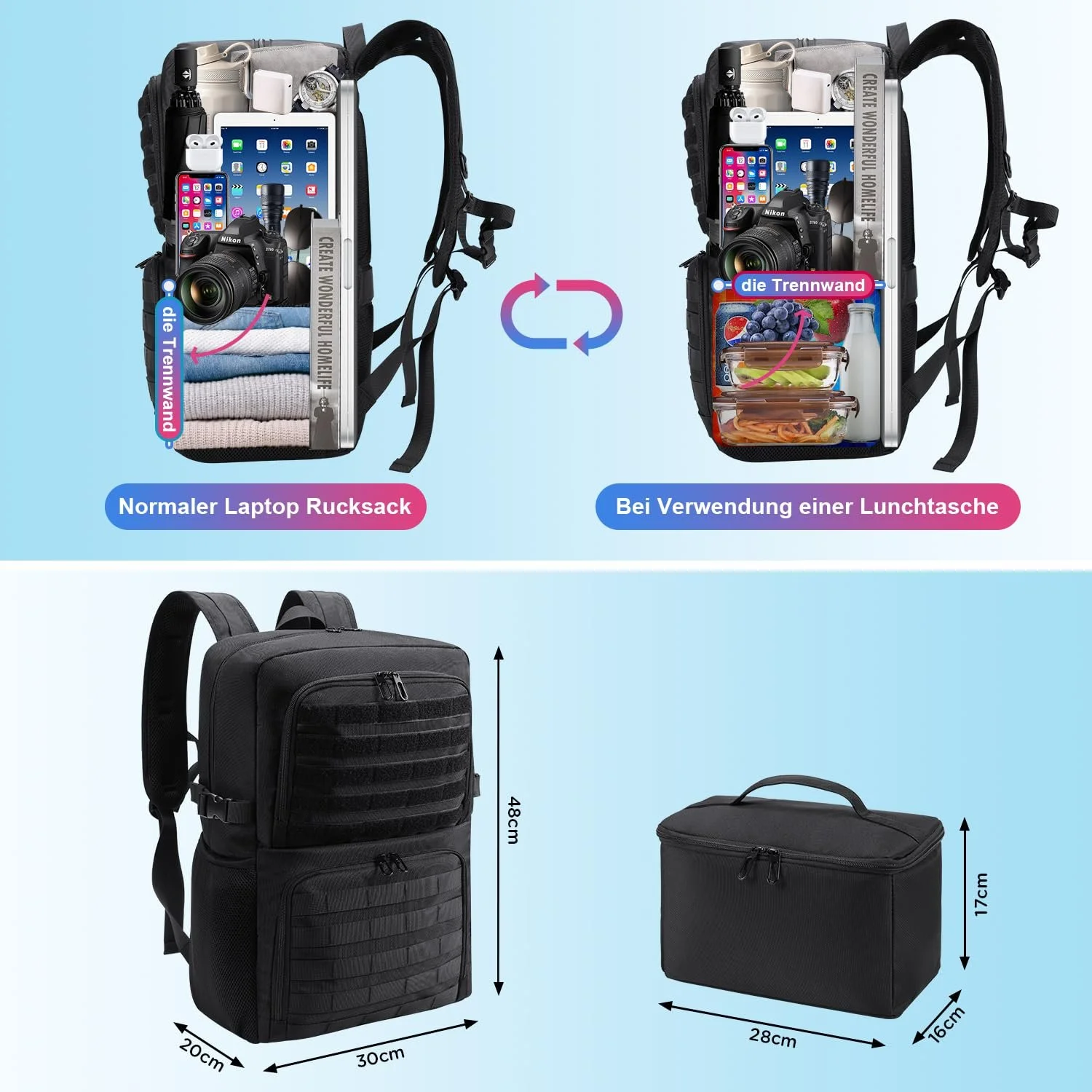 Рюкзак для ноутбука BERTASCHE Lunch Backpack 2-in-1 Tactical 15.6" Чорний, фото №6