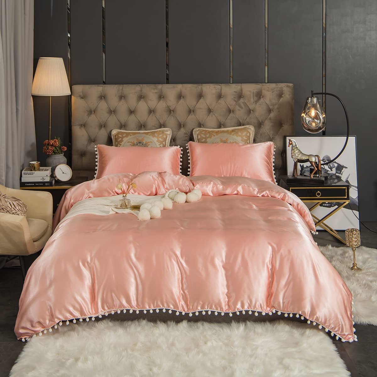 Комплект постільної білизни Satin Freyamy 135 x 200 см, 4 предмети, розкішний з помпонами та китицями, гладкий шовковистий блискучий сатин, рожевий, сучасний романтичний літній комплект постільної білизни: 1 підковдра + наволочка 80 x 80 см з блискавками, фото №1