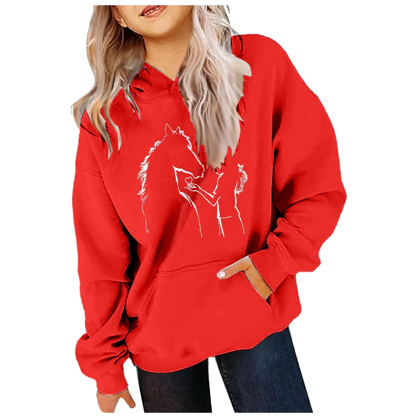 Толстовка з довгими рукавами і капюшоном з кінським принтом, фото №2