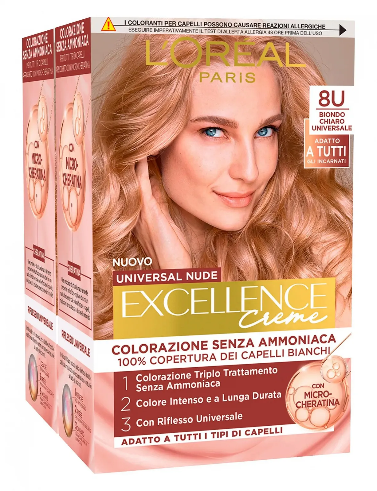 Фарба для волосся L'Oréal Paris Excellence Cream Universal Nude Світлий блонд 8U, 2 шт, фото №1 Фарба для волосся L'Oréal Paris Excellence Cream Universal Nude Світлий блонд 8U, 2 шт, фото №1